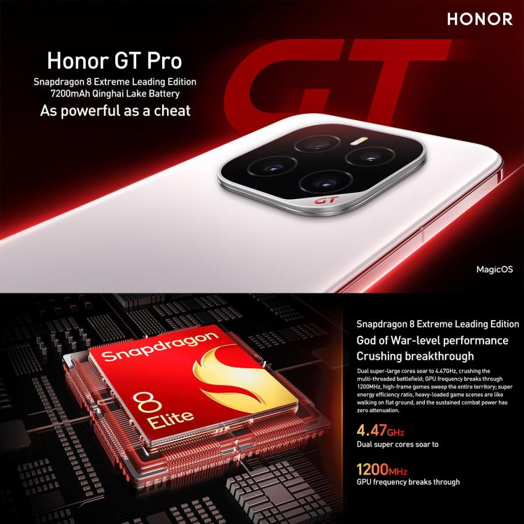 Honor GT Pro, 12GB+256GB, Ultrasonic Fingerprint, 6.78 inch MagicOS 9.0 / Android 15 Snapdragon 8 Elite Octa Core, Network: 5G, NFC, OTG, 12GB+256GB
