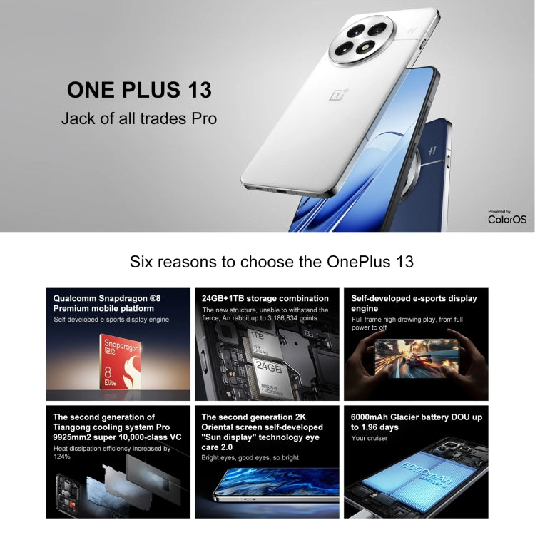 OnePlus 13 PJZ110, 16GB+512GB, Screen Fingerprint Identification, 6.82 inch ColorOS 15.0 / Android 15 Snapdragon 8 Elite 3nm Octa Core, NFC, Network: 5G
