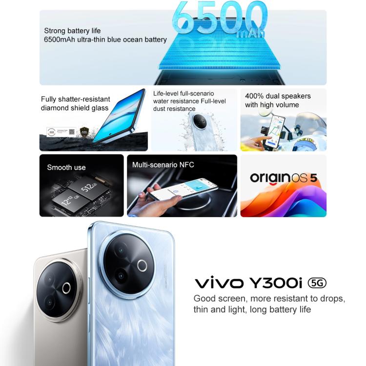 vivo Y300i, 8GB+256GB, Face ID / Side Fingerprint, 6.68 inch Android 15 OriginOS 5 Snapdragon 4 Gen 2 Octa Core, OTG, NFC, Network: 5G, 8GB+256GB