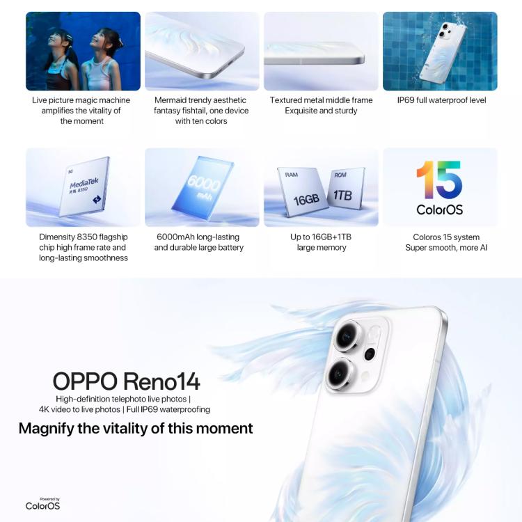 OPPO Reno14 AI Phone, 16GB+256GB, Screen Fingerprint, 6.59 inch ColorOS 15.0 Dimensity 8350 Octa Core, NFC, OTG, Network: 5G, 16GB+256GB
