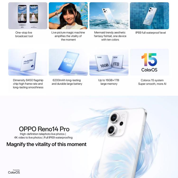 OPPO Reno14 Pro AI Phone, 16GB+512GB, Screen Fingerprint, 6.83 inch ColorOS 15.0 Dimensity 8450 Octa Core, NFC, OTG, Network: 5G, 16GB+512GB