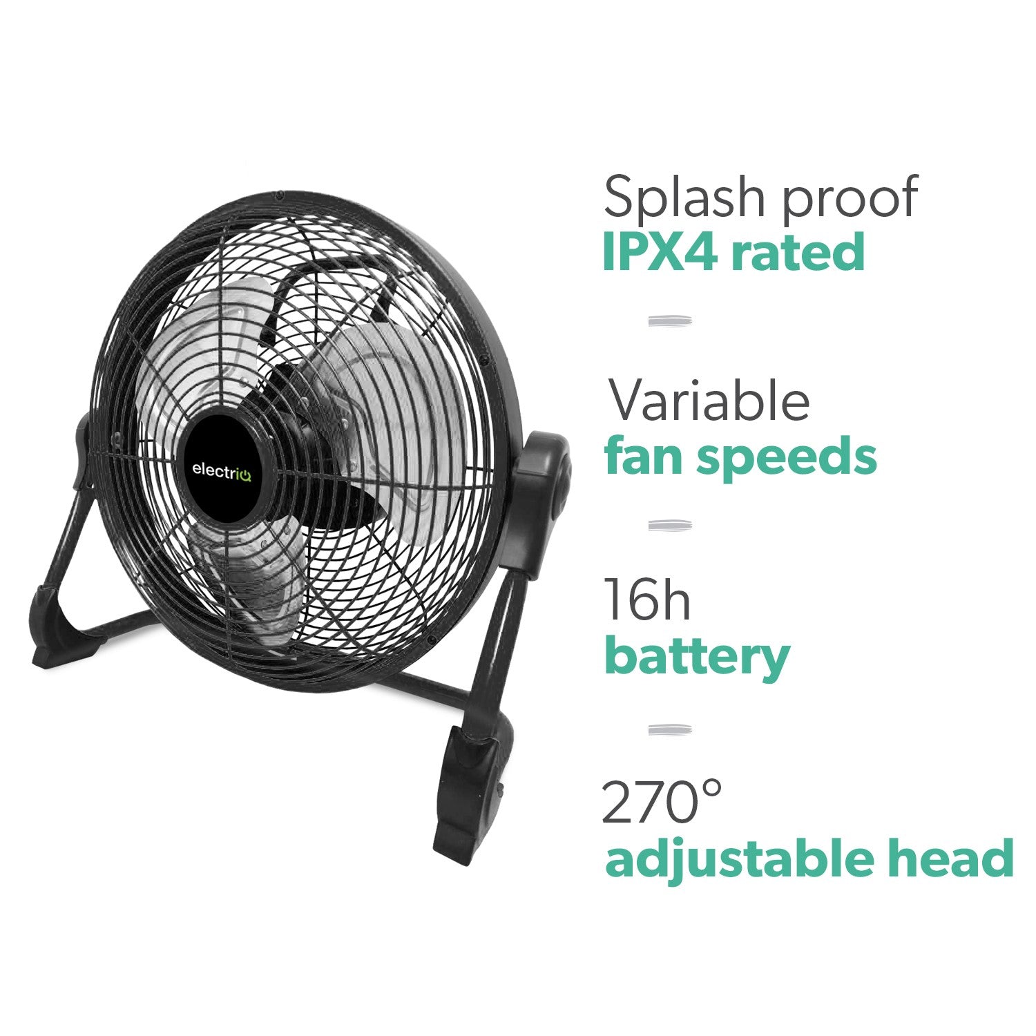 electriQ 12-inch Rechargeable Black Quiet DC Floor Fan - Versatile Metal Body for Indoor Outdoor and Commercial Use