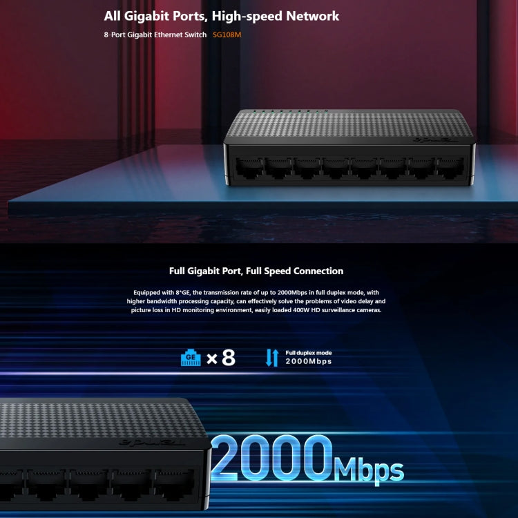 Tenda SG108M All Gigabit Ports High-speed Network 8-Port Ethernet Switch 1000Mbps Fast LAN HUB, SG108M