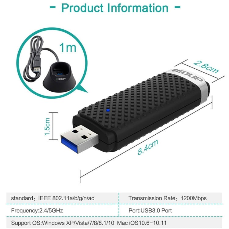 EDUP EP-AC1609 1200Mbps High Speed USB 3.0 WiFi Adapter Receiver Ethernet Adapter with 1m Extend Cable & Base, EP-AC1609 1200Mbps