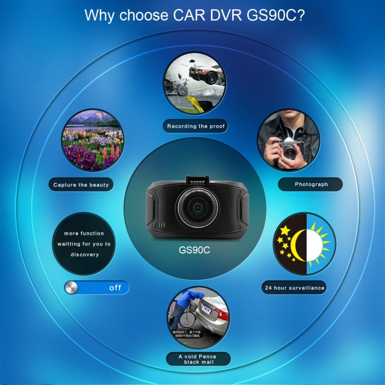 GS90C Car DVR Camera 2.7 inch LCD Screen HD 2304 x 1296P 170 Degree Wide Angle Viewing, Support Motion Detection / TF Card / G-Sensor / HDMI, GS90C