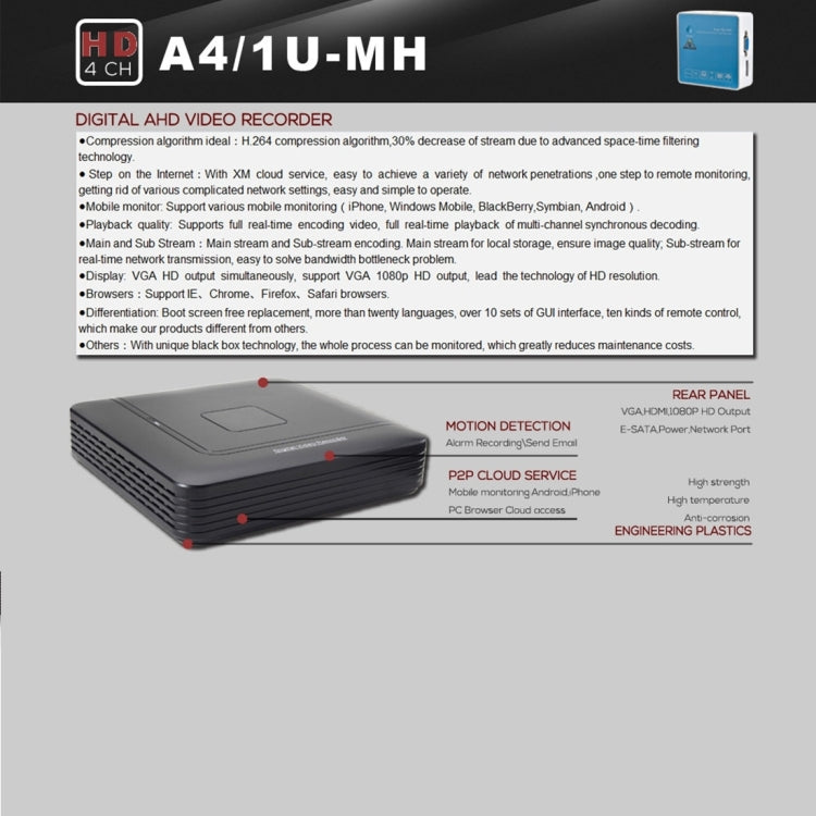 A4/1U-MS 1080N CE & RoHS Certificated 1 / 4 Previews Screen inch AHD DVR Digital Video Recorder, A4/1U-MS