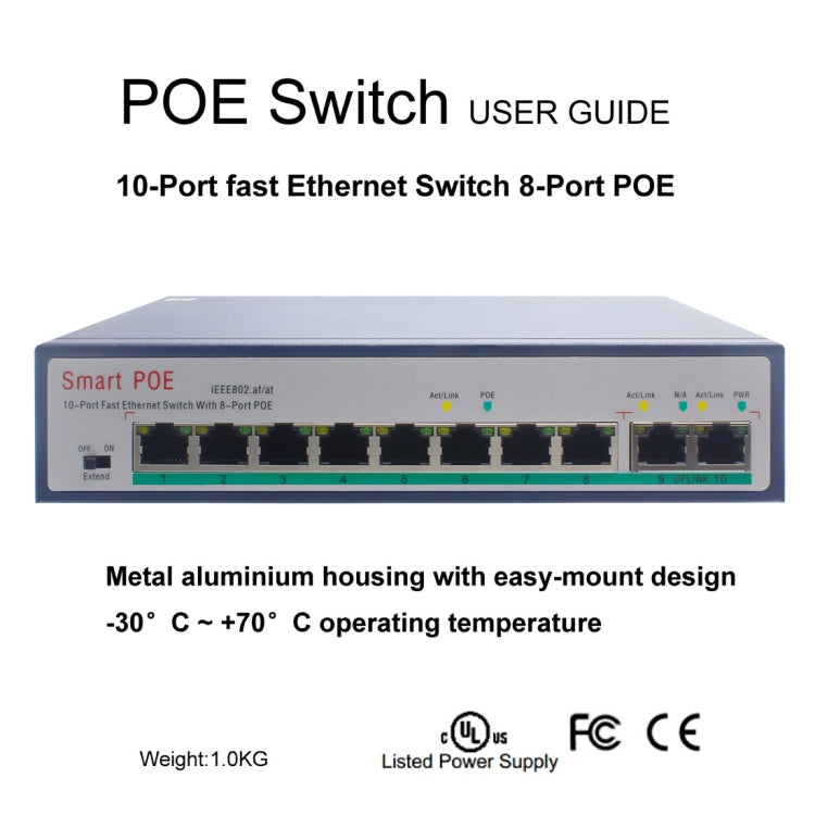 ESCAM POE 8+2 10-Port Fast Ethernet Switch 8-Port POE 10/100M 120W Network Switch, Transmission Distance: 150m, 10 Ports