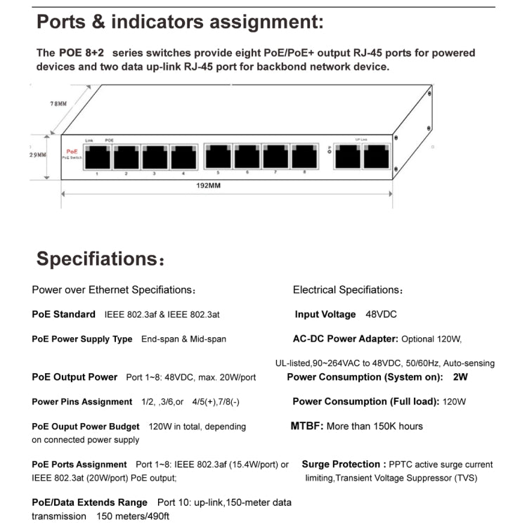 ESCAM POE 8+2 10-Port Fast Ethernet Switch 8-Port POE 10/100M 120W Network Switch, Transmission Distance: 150m, 10 Ports