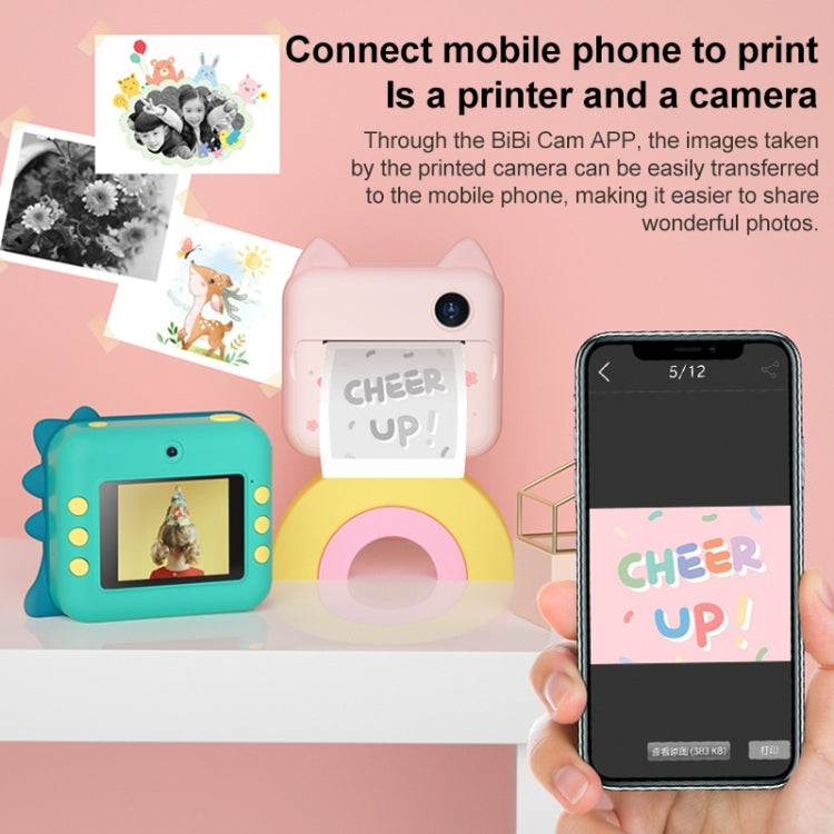 P1 No Card Children Instant Camera 1200W Front And Rear Dual-Lens Mini Print Photographic Digital Camera Toy(Green Dinosaur)
