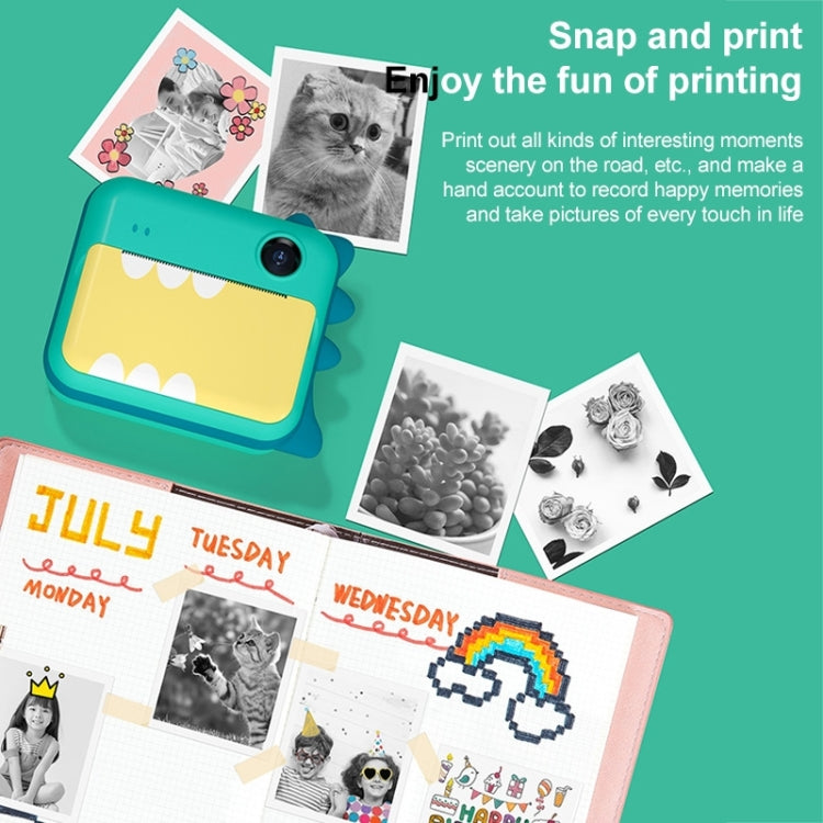 P1 No Card Children Instant Camera 1200W Front And Rear Dual-Lens Mini Print Photographic Digital Camera Toy(Green Dinosaur)