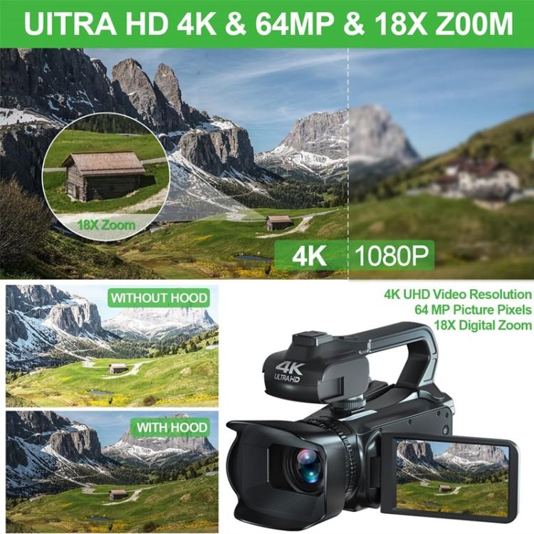 64MP 18X Zoom 4-Inch Touch Screen Handheld Digital Video Camera, 4K 16G
