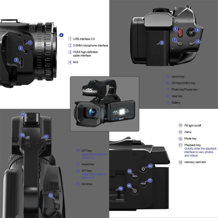 64MP 18X Zoom 4-Inch Touch Screen Handheld Digital Video Camera, 4K 16G