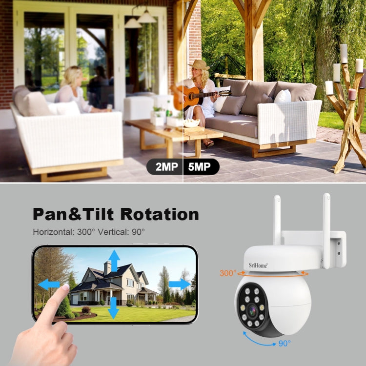 SriHome SH052 Wifi 5MP Wireless PTZ IP AI Auto Tracking Sound&Light Alarm Starlight Color Night Vision Outdoors Surveillance Camera