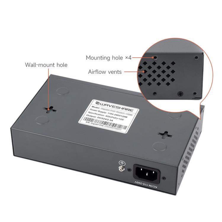 Waveshare 120W Industrial 4-Ports Gigabit Ethernet PoE Switch, US Plug, EU Plug