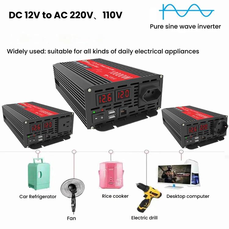 Gurxun 1500W Dual USB Fast Charger Dual Digital Display Pure Sine Wave Inverter, EU Plug 12V To 220V, US Plug 12V To 110V, Brazil Plug 12V To 110V, Brazil Plug 12V To 220V