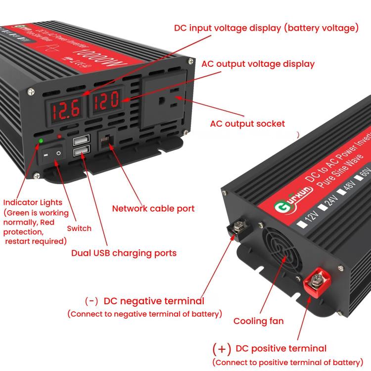 Gurxun 1500W Dual USB Fast Charger Dual Digital Display Pure Sine Wave Inverter, EU Plug 12V To 220V, US Plug 12V To 110V, Brazil Plug 12V To 110V, Brazil Plug 12V To 220V