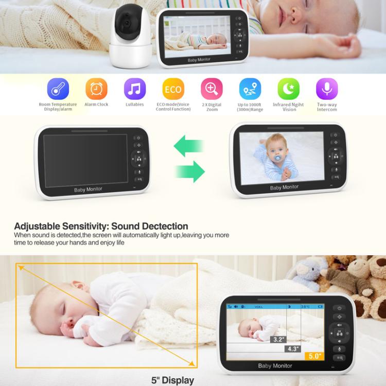 5 inch LCD Screen Auto Night Vision Baby Monitor, US Plug, EU Plug, UK Plug, AU Plug