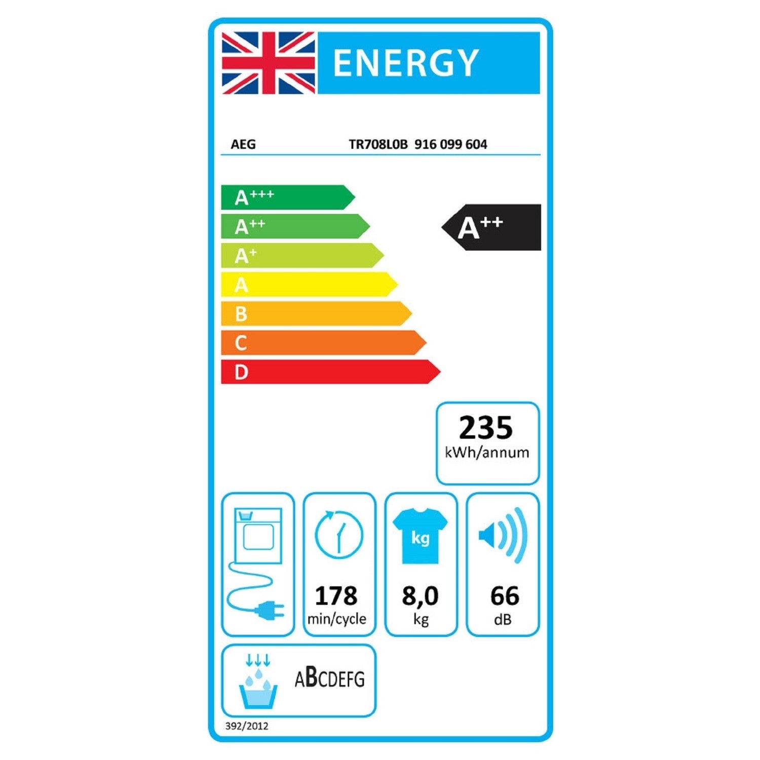 AEG 7000 Series 8kg Freestanding Heat Pump Dryer - White
