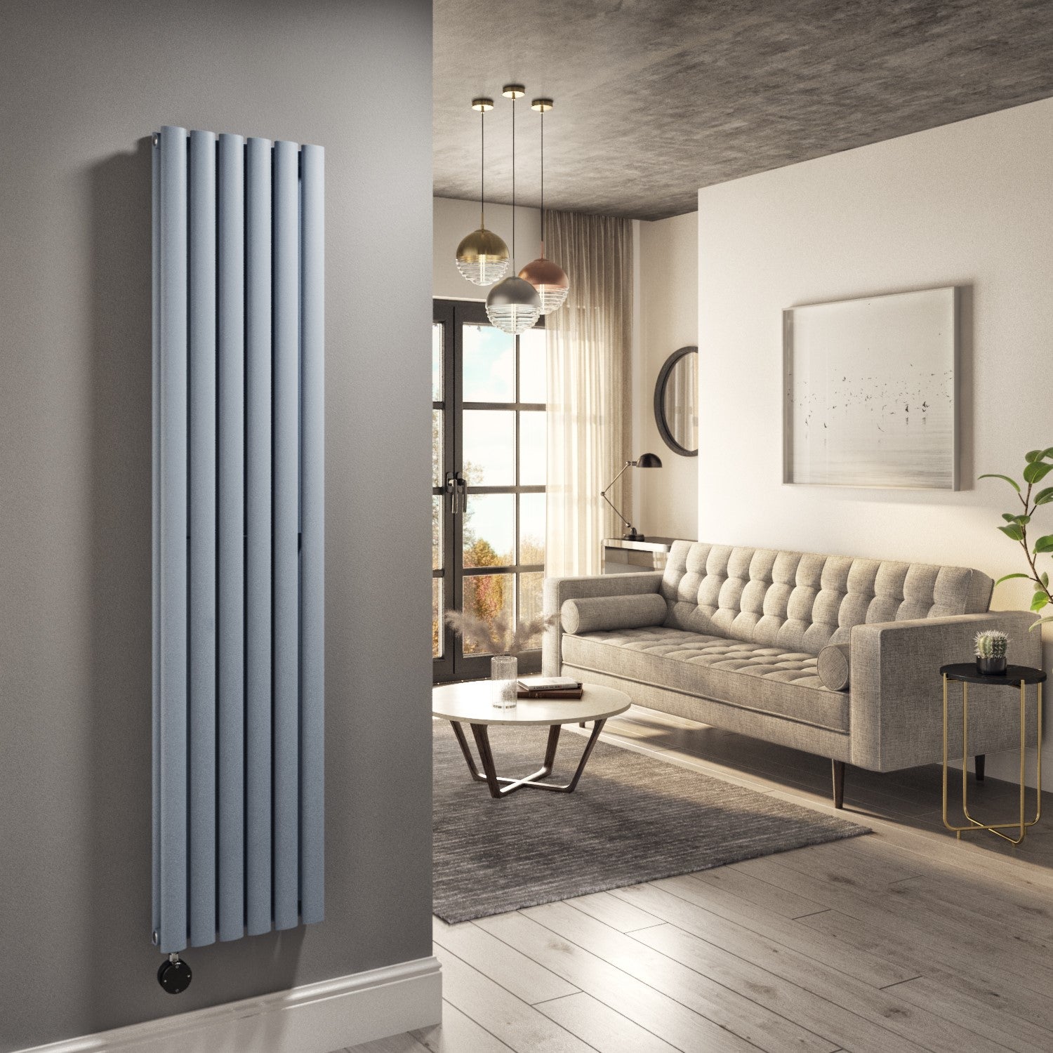 Light Grey Electric Vertical Designer Radiator 1.2kW with Wifi Thermostat - Double Panel H1600xW354mm - IPX4 Bathroom Safe