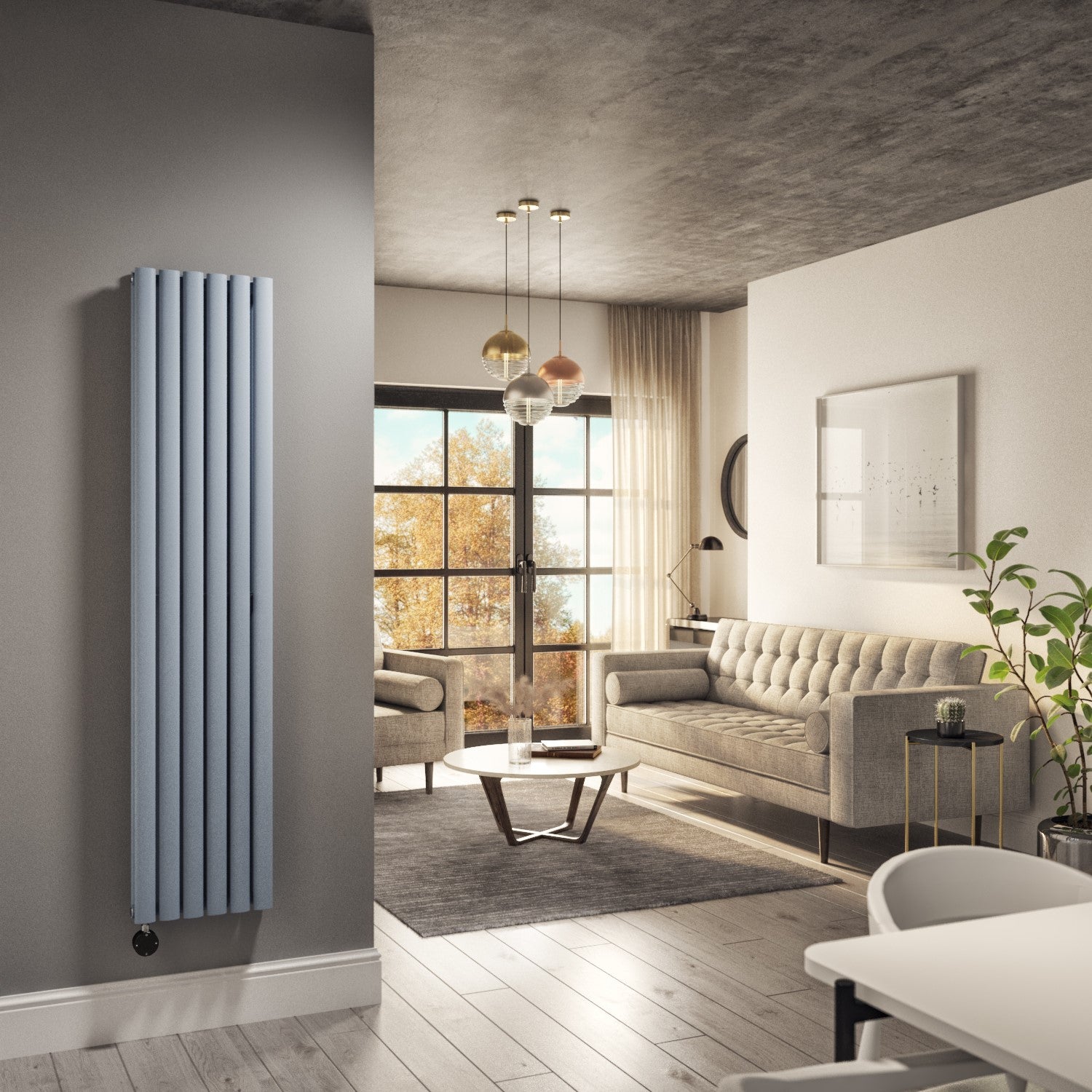 Light Grey Electric Vertical Designer Radiator 1.2kW with Wifi Thermostat - Double Panel H1600xW354mm - IPX4 Bathroom Safe