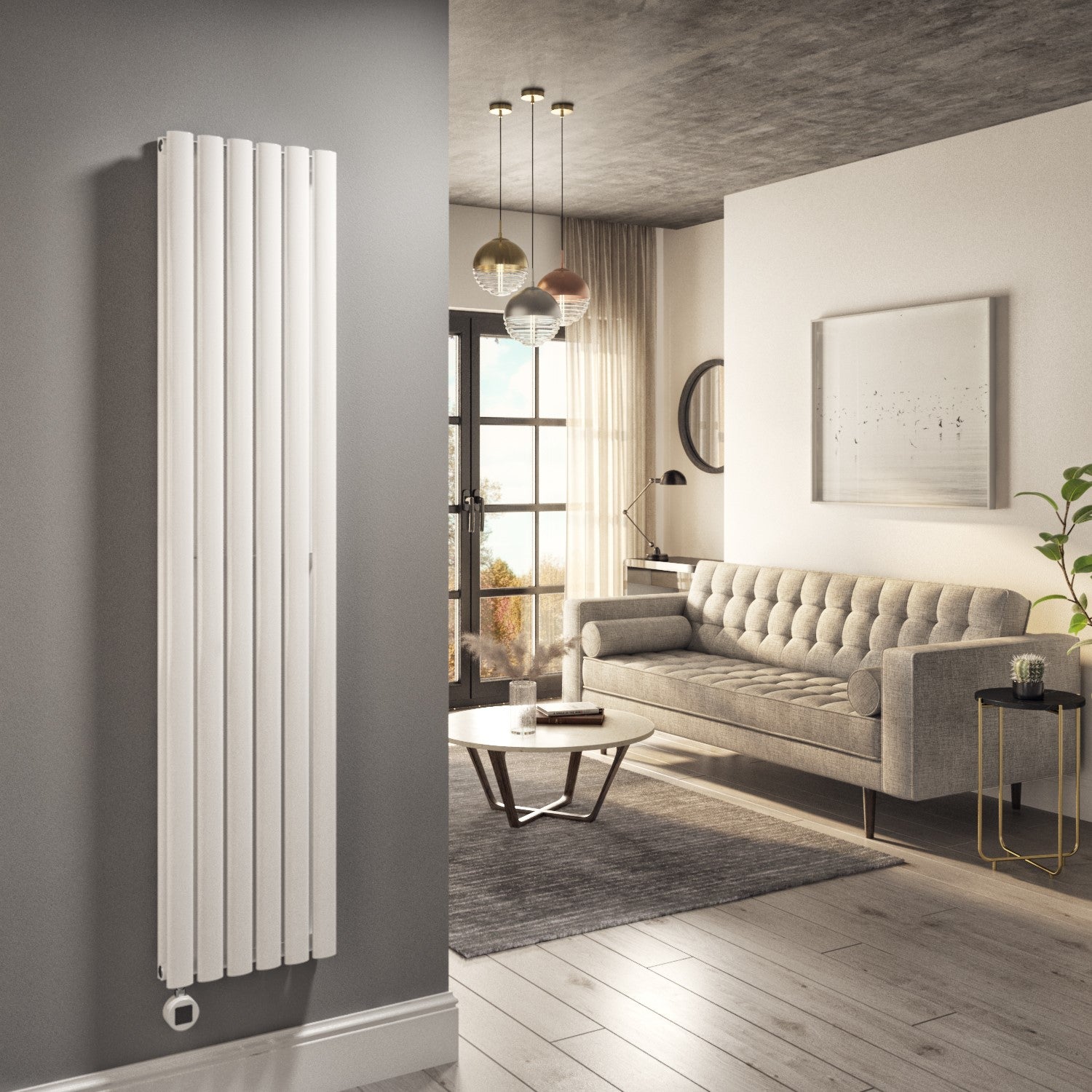 White Electric Vertical Designer Radiator 1.2kW with Wifi Thermostat - Double Panel H1600xW354mm - IPX4 Bathroom Safe