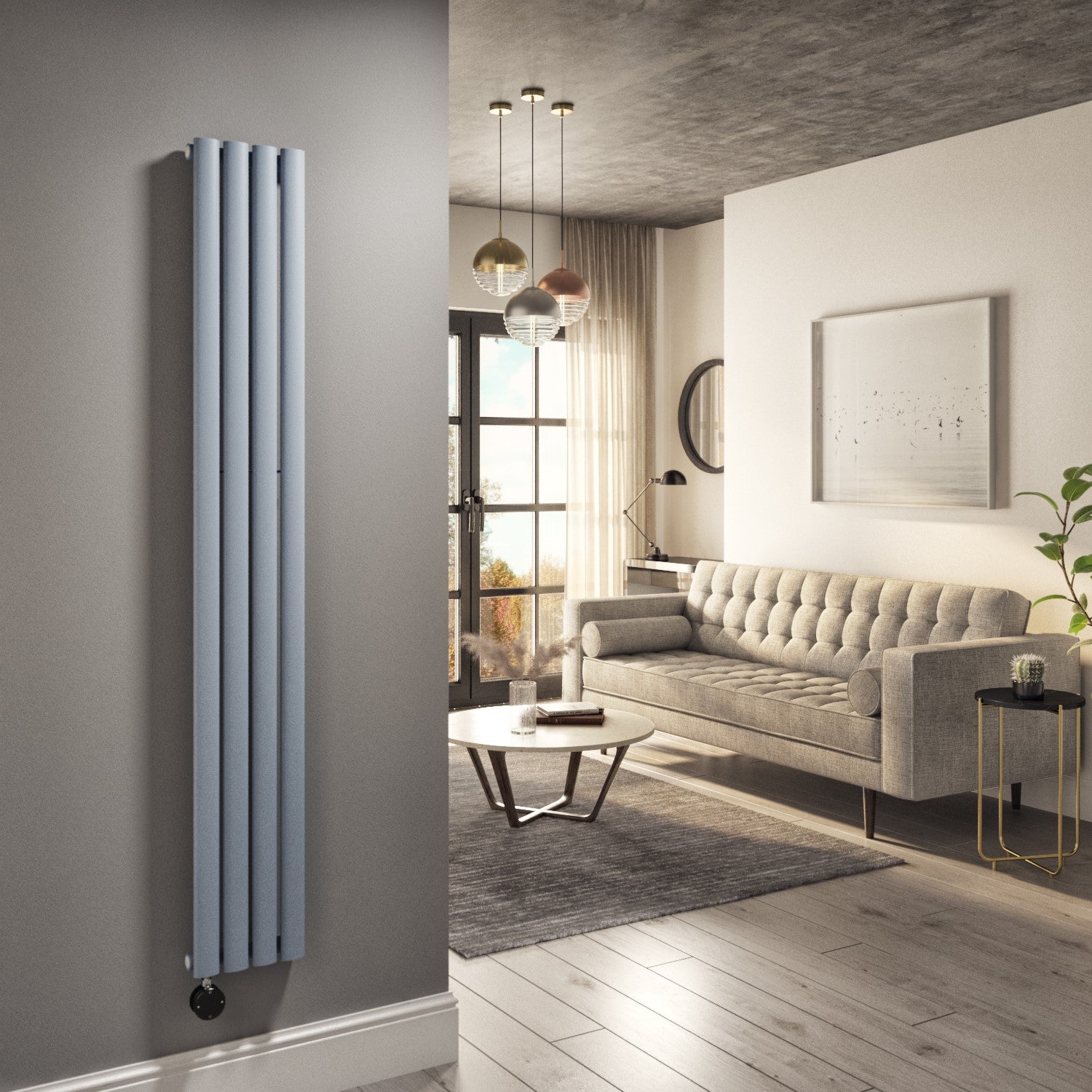 Light Grey Electric Vertical Designer Radiator 1kW with Wifi Thermostat - H1600xW236mm - IPX4 Bathroom Safe