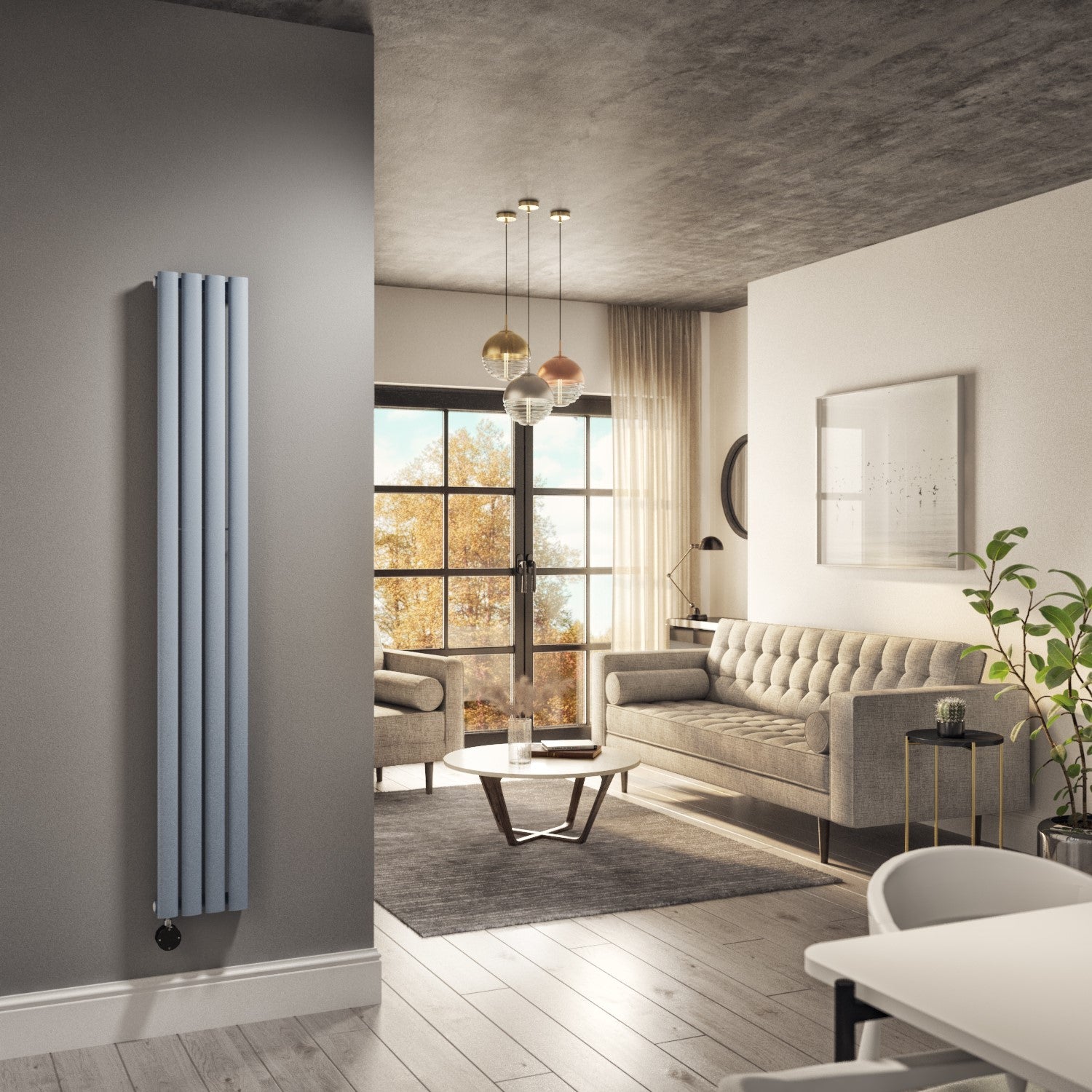 Light Grey Electric Vertical Designer Radiator 1kW with Wifi Thermostat - H1600xW236mm - IPX4 Bathroom Safe