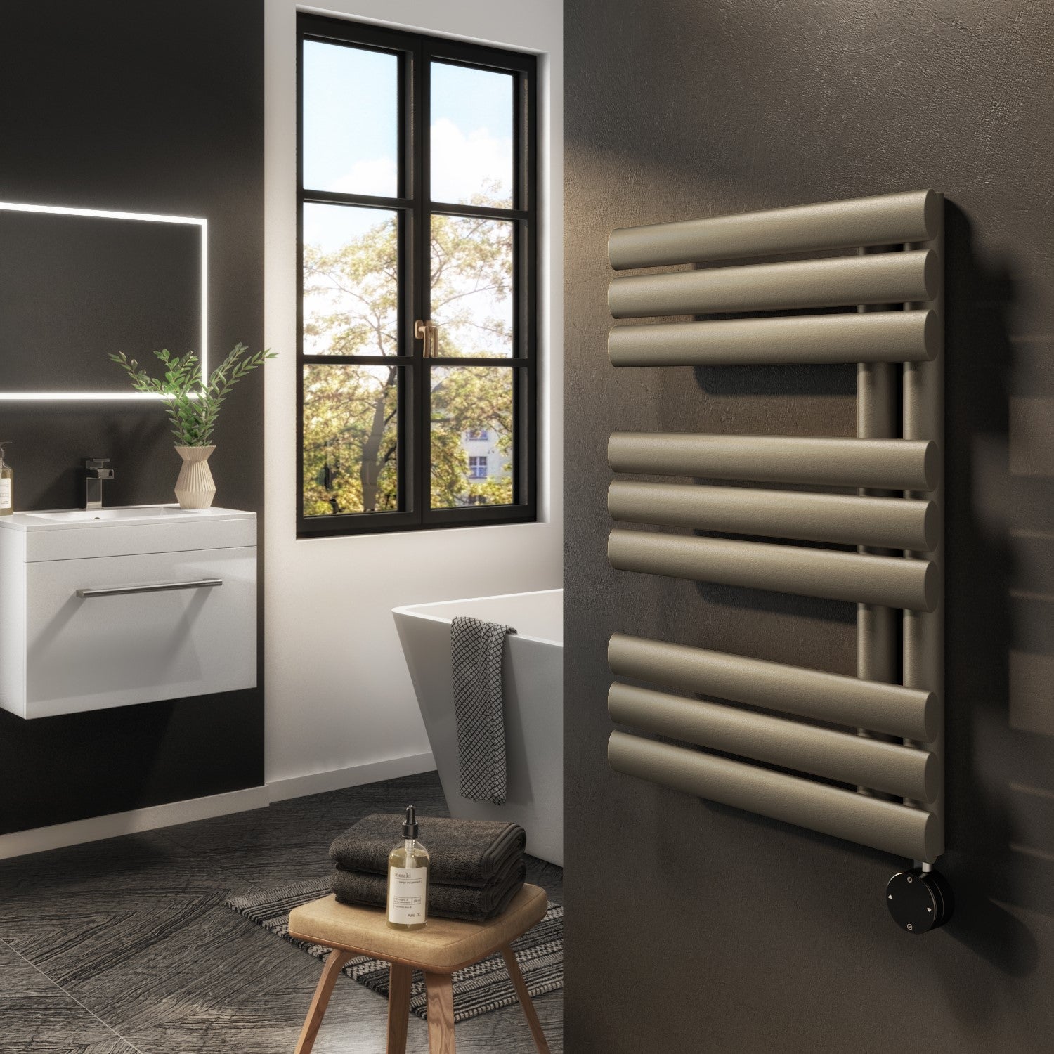 Antique Brass Electric Towel Radiator 0.6kW with Wifi Thermostat - H650xW450mm - IPX4 Bathroom Safe