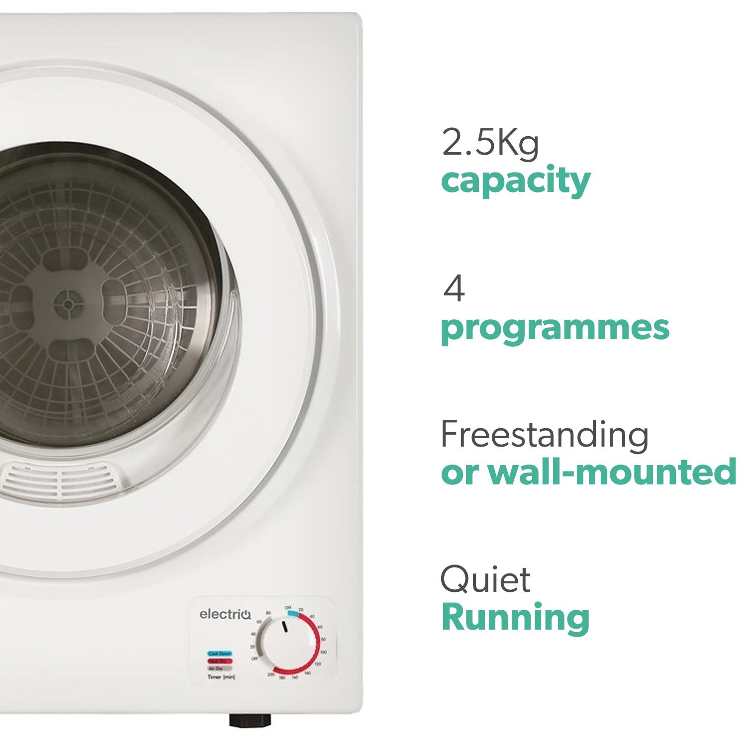 electriQ 2.5kg Freestanding & Wall Mountable Vented Tumble Dryer - White